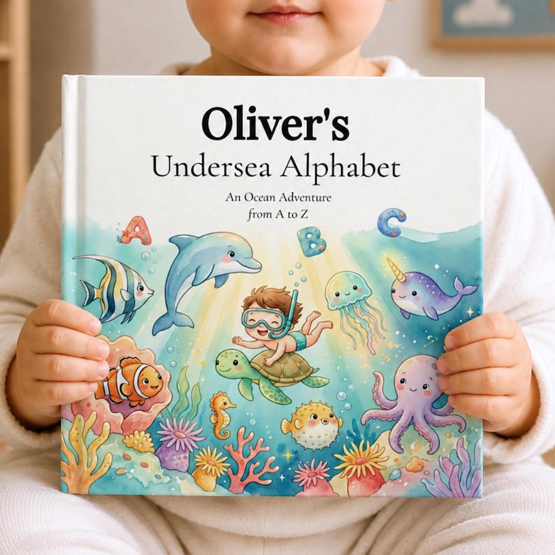Personalized Baby ABC Book | Ocean Alphabet Keepsake Gift | Custom Name Book for Toddler | 1st Birthday Present | Kids Alphabet Book